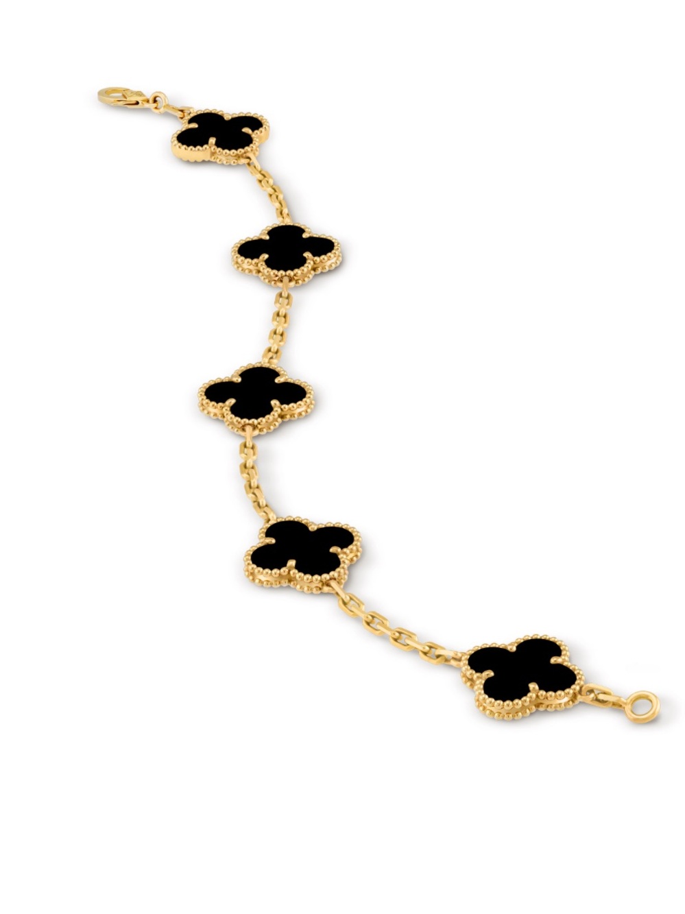 18K Solid Gold Black Onyx Clover 5-Motif Bracelet